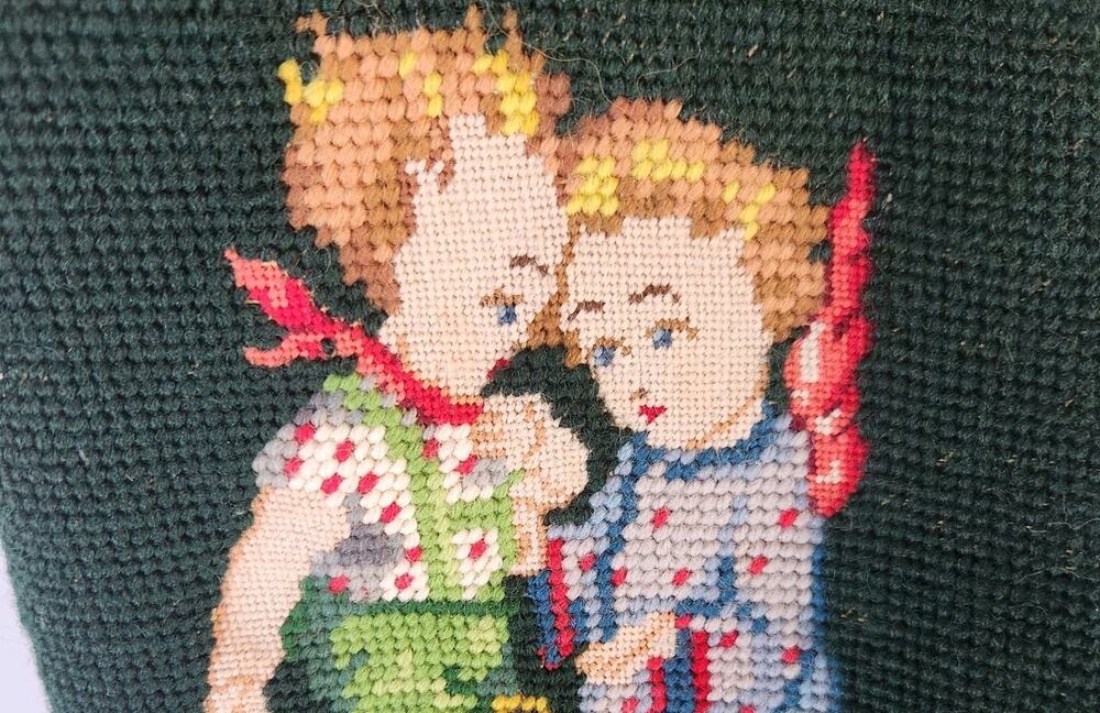 Vintage Needlepoint Tapestry Finished Panel Hummel-Style 12"x11" Textile Art
